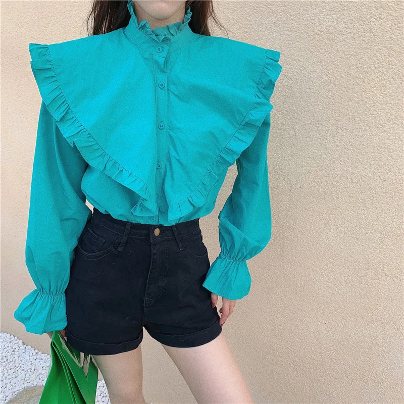 

Design Sense Of Spring And Autumn Casual Trumpet Sleeve Single Breasted Half High Collar Fungus Ruffled Solid Color Slim Shirt