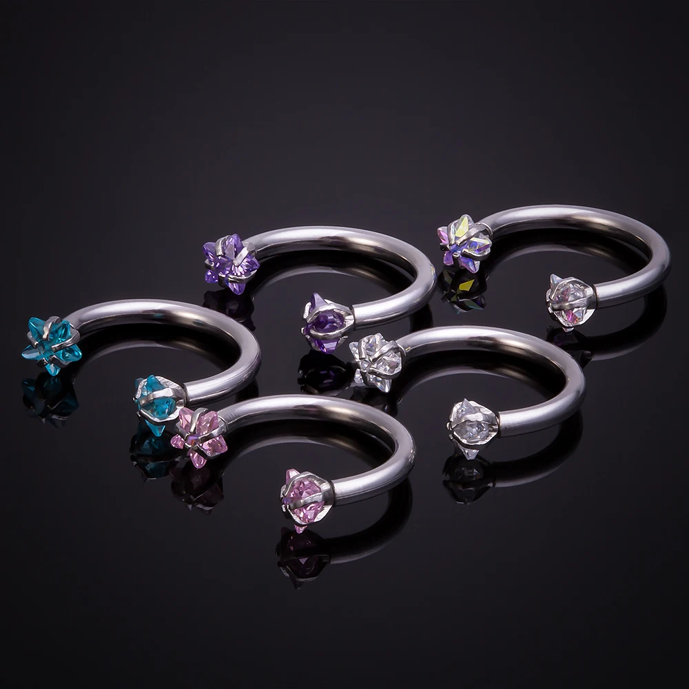 1pc Cubic Zirconia Nose Ring Septum Labret Eyebrow Helix Stud for Women Men 16g Steel Horseshoe Hoop BCR Body Piercing Jewelry - Окраска металла: star