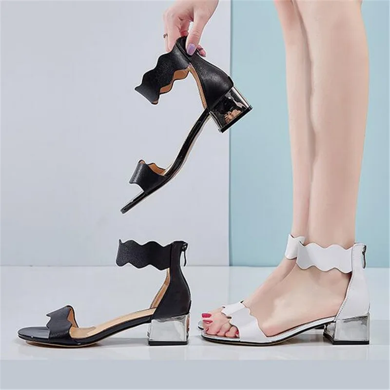 2020 New Top Cowhide Fish Mouth Open Toe Sandals Classic Fashion Thick Heel Comfort Summer Leather Slipper Women | Обувь