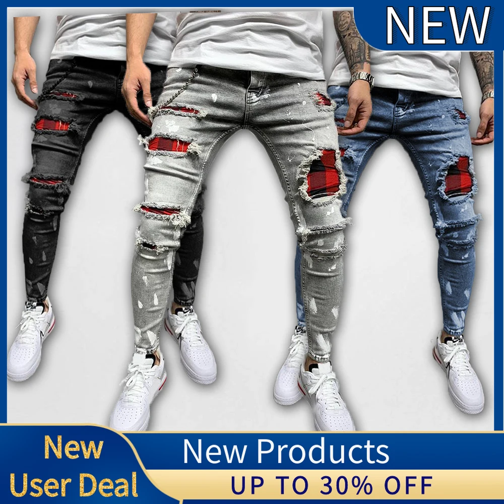 

Men's Distressed Stitching Plaid Patchwork Jeans Casual Slim Denim Trousers Summer Hip-Pop the Locomotive Style Streetwear Cool