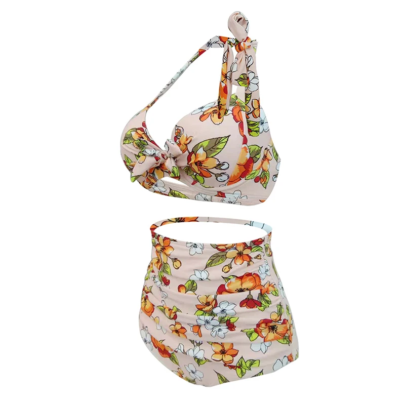 

2021 Cute Feature Split Women Swimsuit Gathering High Waist Plus Size Bikini Set Floral Print Elegant Halter Bow Design Swimwear