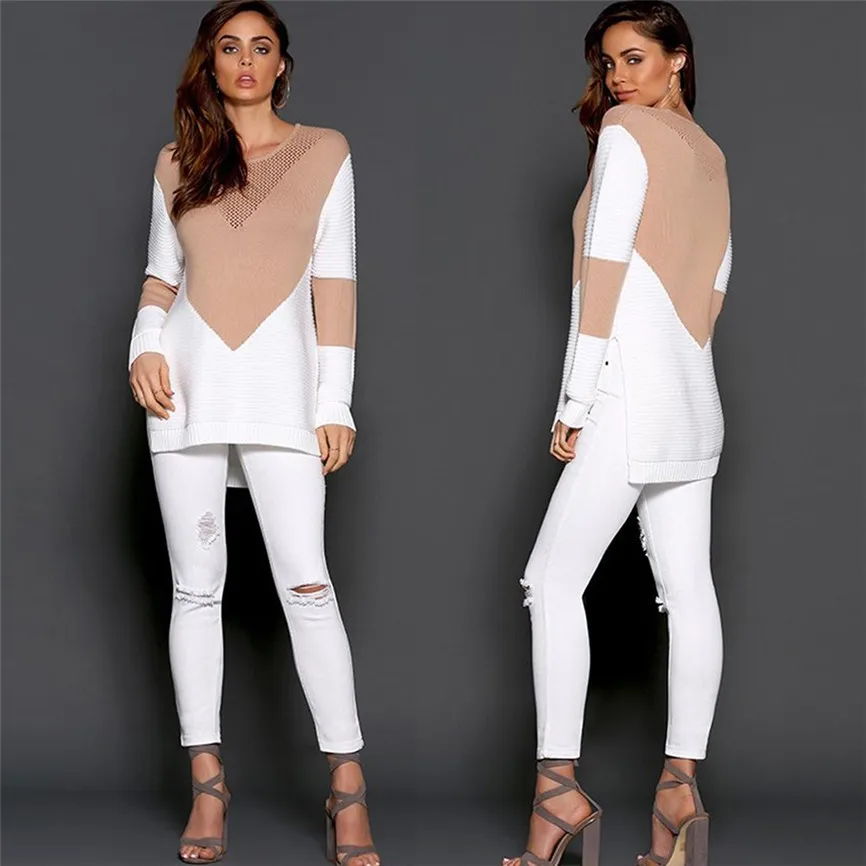 Sueter Mujer Invierno 2019 Women's Fashion Long Sleeve Colorblock Hollow Knitted Sweater Wrap Pullover Loose Casual Army Top | Мужская