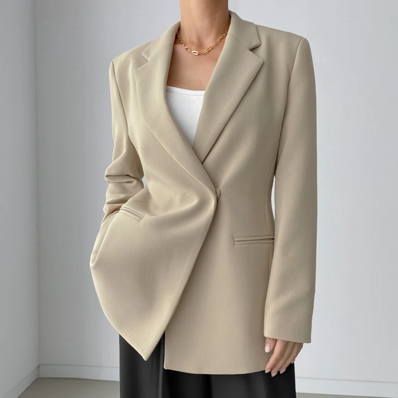 

French elegant minimalism temperament lapel one button waist slimming double pocket long-sleeved suit jacket women