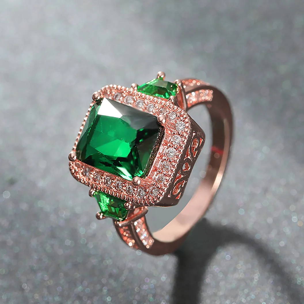 

Luxury Princess Cut Green Zircon Ring Elegant Rose Gold Color Cocktail Party Women Ring Bridal Wedding Band Gifts Women Jewelry