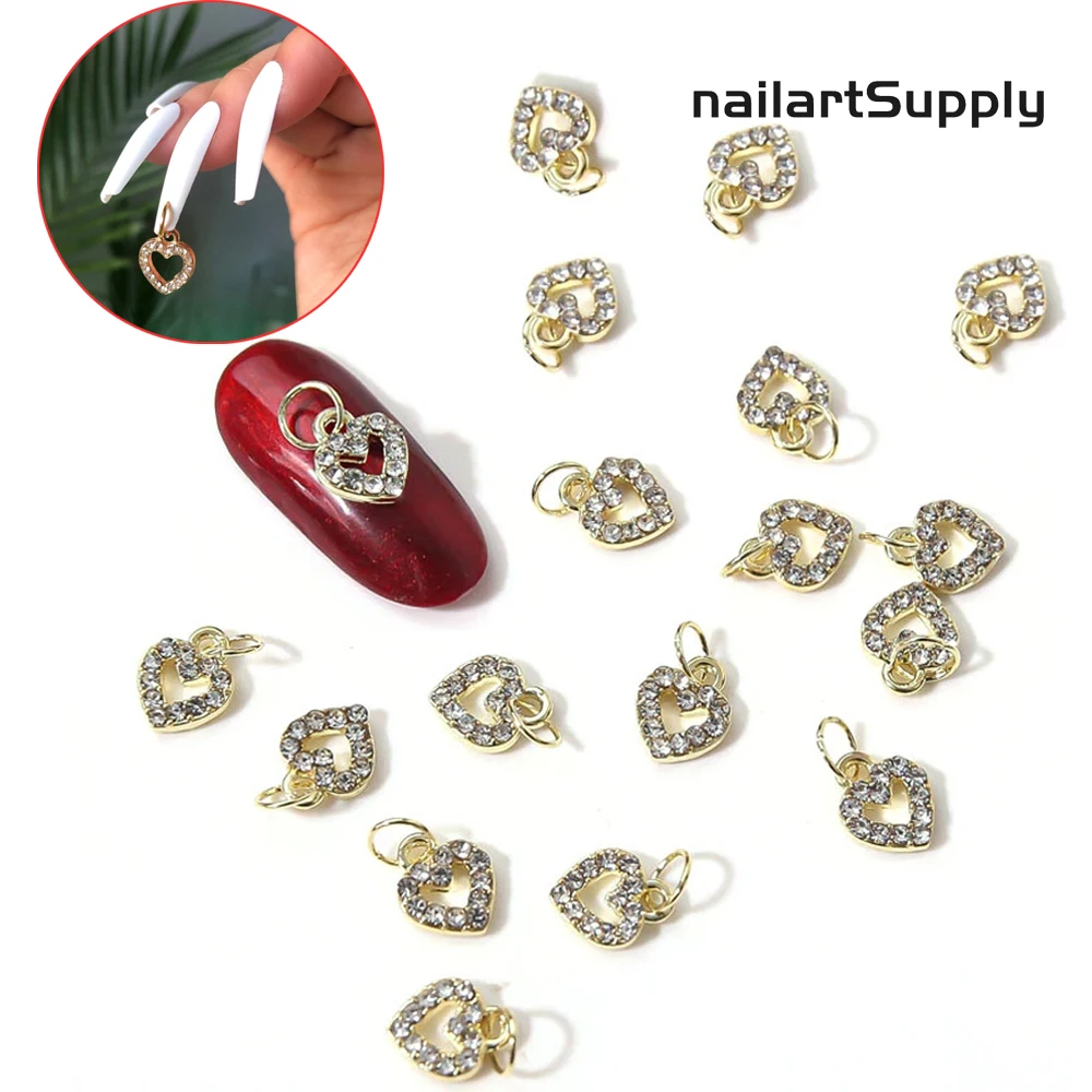 

10PCS Heart Dangle Glitter Diamond Nail Art Alloy Decoration Pendant Charm Manicure Rings For 3D Tips Acrylic Decor 8*12MM RR4#