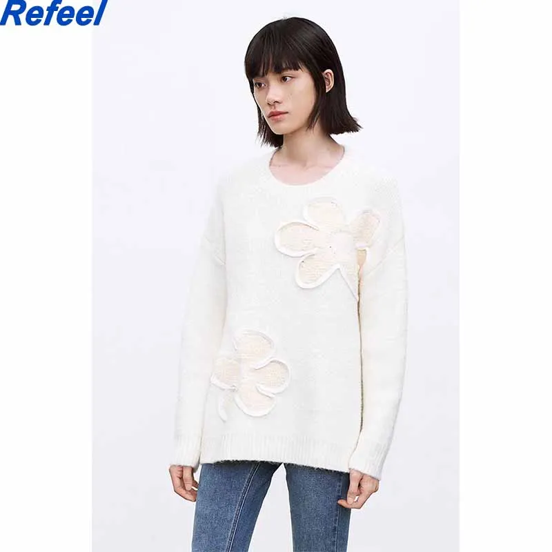

High Quality Women Knitted Pullover Sweater Tops Autumn Winter Flowers Knitwear Loose Fit Ladies O-Neck Casual Sweaters