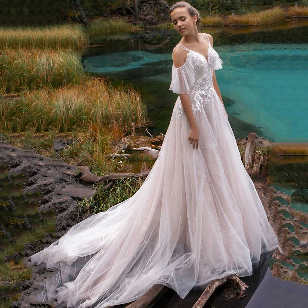 

Luxury Off the Shoulder Wedding Dresses A-Line V-Neck Beading Straps Backless Flowers Applique 2021 Bride Gowns Vestido De Noiva