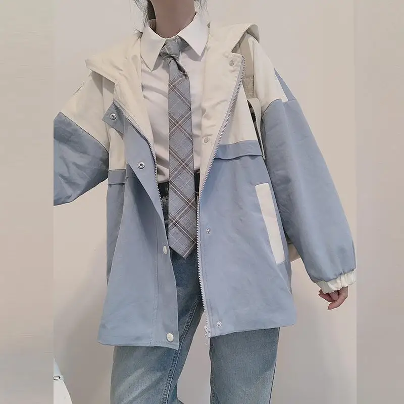 

Jackets Womens Spring Autumn Hooded Oversize Blue Patchwork Preppy Style Zipper Cargo Students Teenagers Retro Casual Outwear