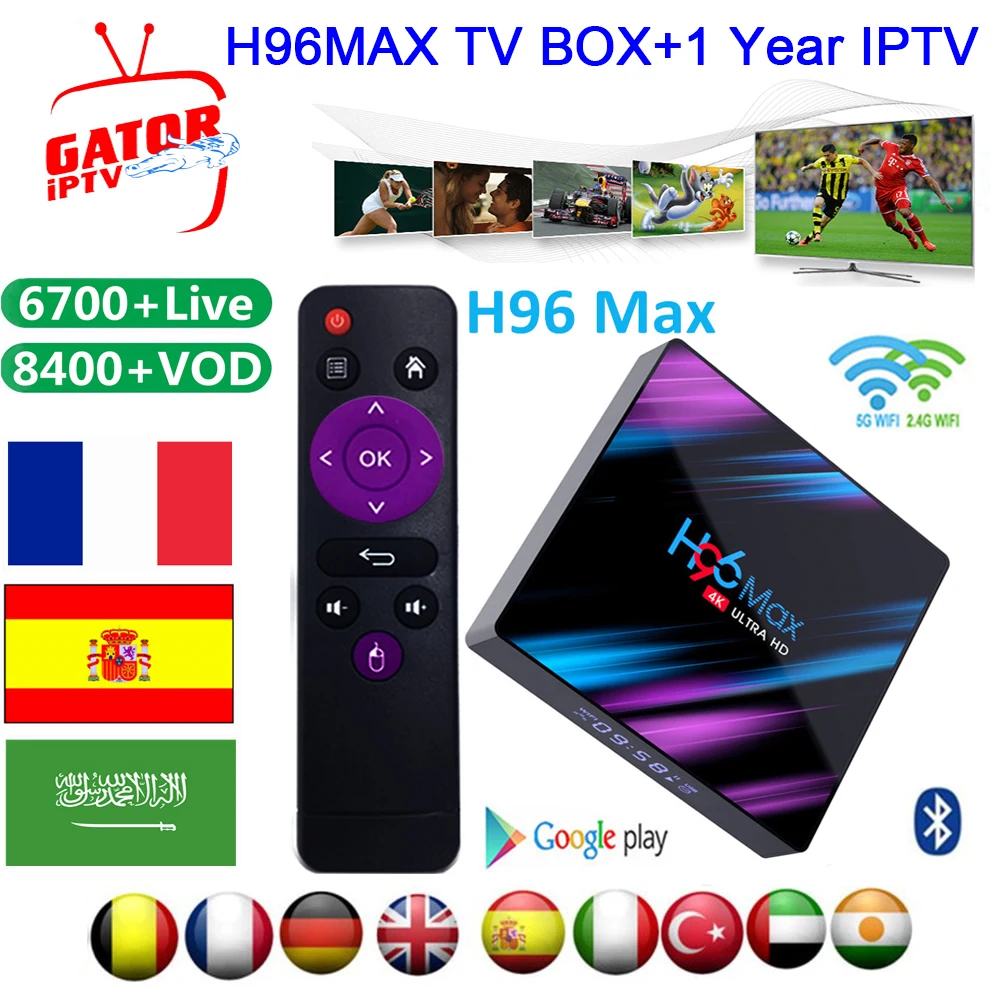 H96 Max Smart tv Box+ 1 год Gator IP tv код Android9.0 телеприставка 2,4G& 5Ghz Wifi 4K HDR французский Arbic UK медиаплеер IPTV коробки