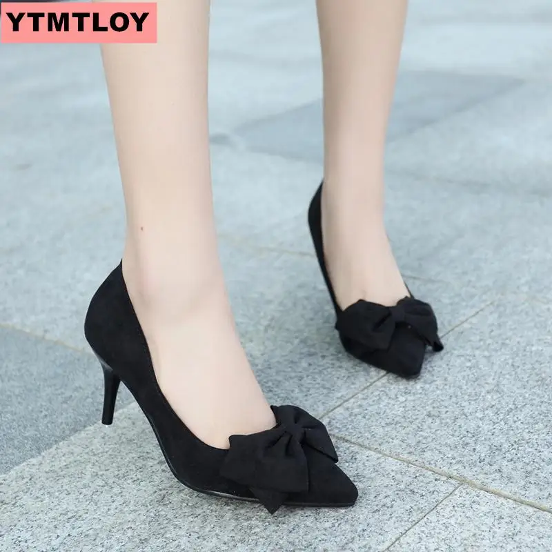 2019 женские замшевые туфли ярких цветов с закрытым носком и бантом Туфли для