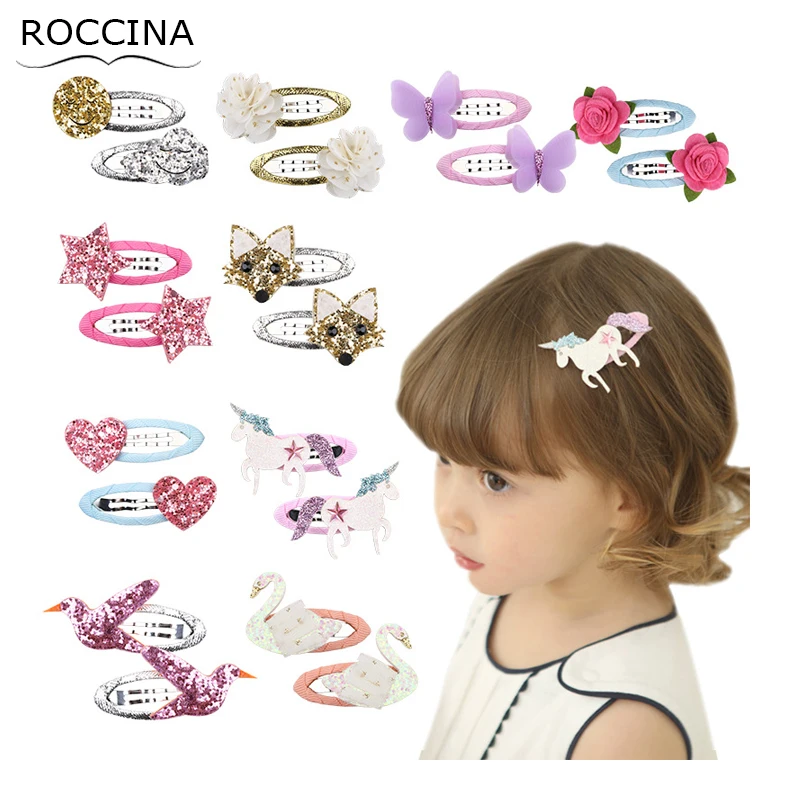 

2PCS Lovely Princess Children Hair Clips Baby Girl Hairpins Glitter Heart Stars Flowers Barrettes Children Kids Hair Accessories