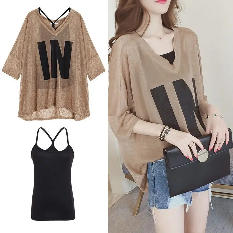 

Large T-shirt women's new summer fat sister loose V-neck top suspender two piece Casual Short Sleeve