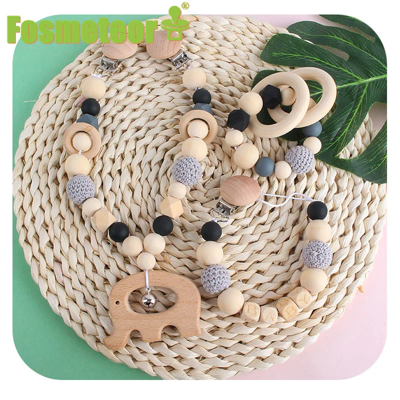 

Fosmeteor 3Pcs/Set Baby Stroller Hanging Clip Pendant Mobile Rattle Wooden Ring Bracelet Teether Dummy Holder Pacifier Chain