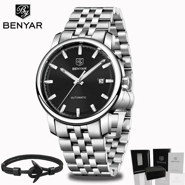 Silver Black BoxGift Новинка, BENYAR, Мужские автоматические механические часы, мужские часы, Топ бренд, Роскошные мужские часы, военные наручные часы, Relogio Masculino - Цвет: Silver Black BoxGift