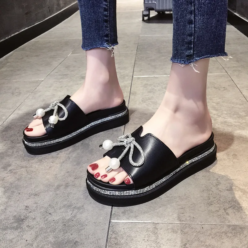 

Platform Slippers Women Bow Thick Sole Slides Summer Beach Slides Women Cool Outdoor Slippers Zapatos Mujer Black Beige