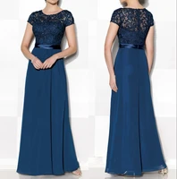 2021 navy blue lace chiffon long mother of the bride dress plus size short sleeve formal occasion evening gowns morther of groom