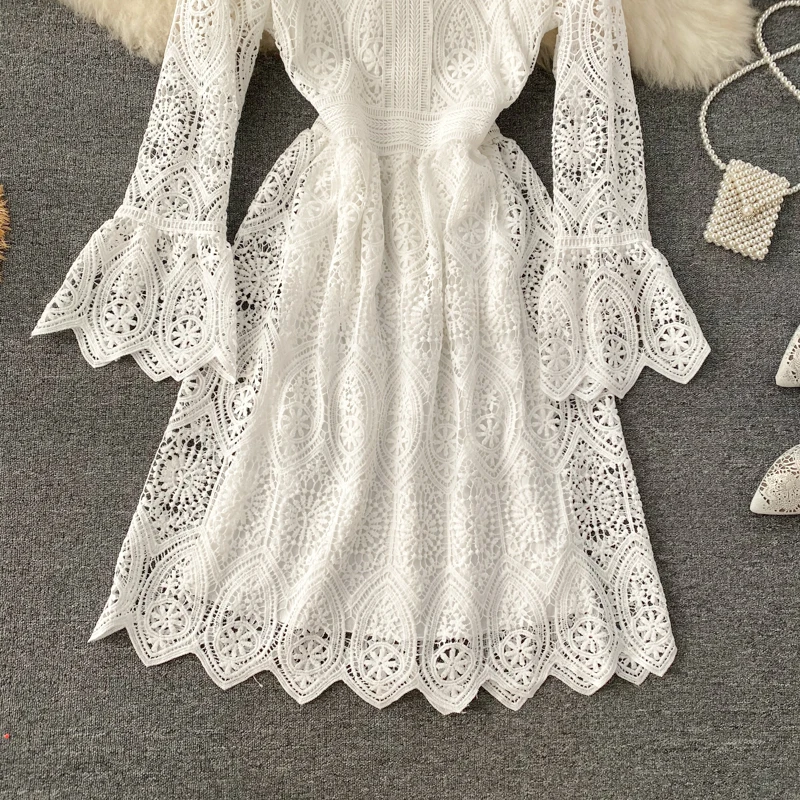 

Women Korean Lace Dress O Neck Flare Sleeve A Line Dress Autumn Solid Casual Elegant Hollow Out Dress