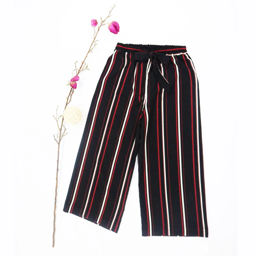 

New woman pants Fashion Women Solid Color/Striped Drawstring Wide Leg Trousers Loose Fit Pants femme pantalon 2020