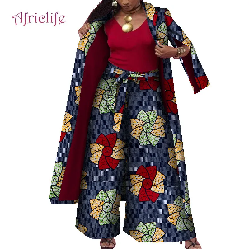 African Dresses for Women Pant Suit 2021 Long Coat and Wide Pant with Belt Fall Winter Warm Clothes Print Suits Clothing WY8479