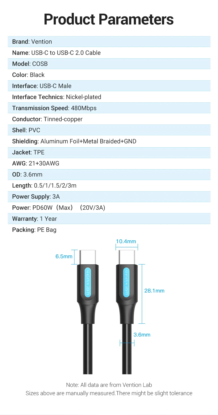 Vention USB C to USB Type C Cable PD 60W QC4.0 Fast Charger Data USB-C Cable for Macbook Samsung S20 Xiaomi 10 Pro USBC Cable 3m
