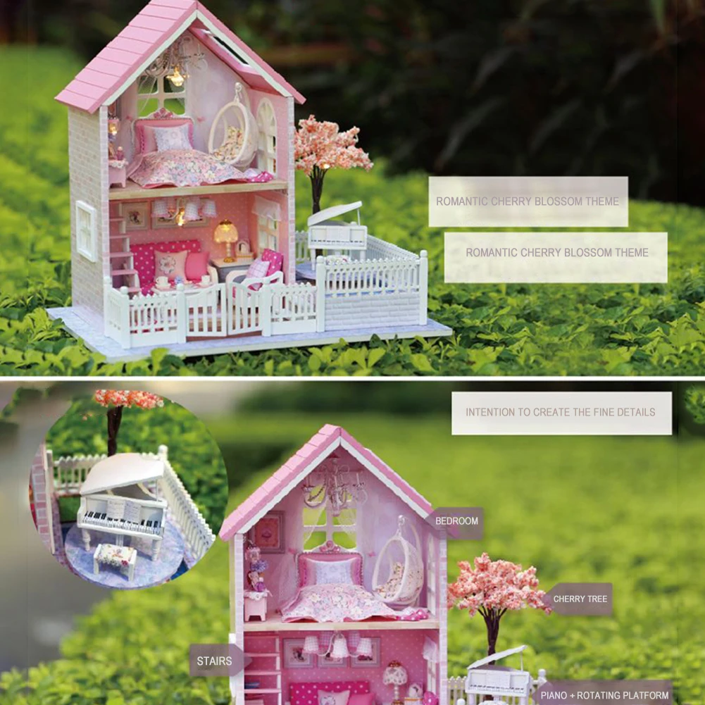 

3D Wooden Miniature DIY Dollhouse Handmade Furnitures Lights Doll House Model Princess castl Building Toys Adult Child Girls