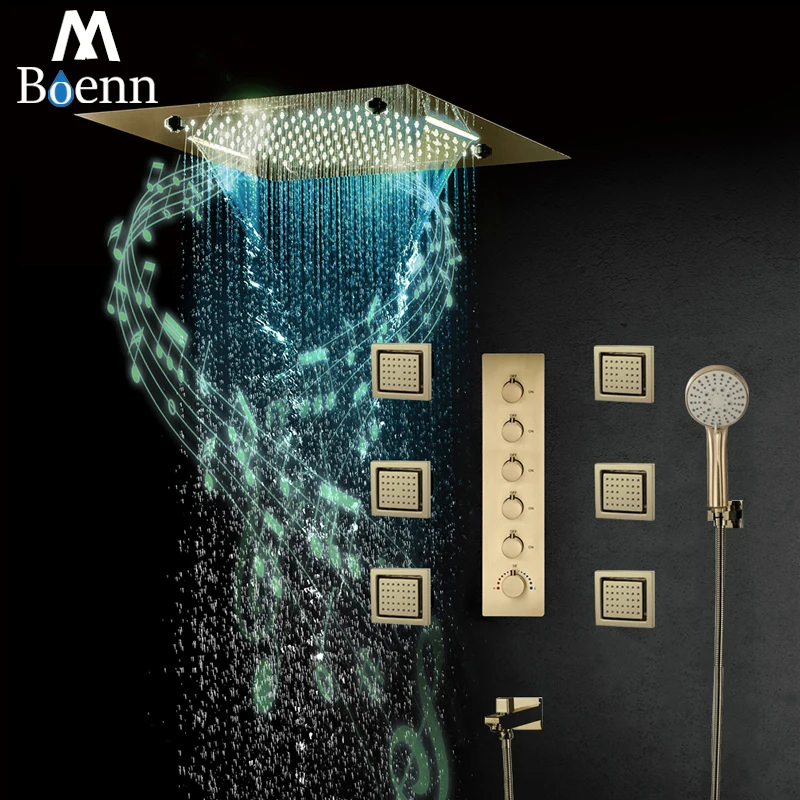 

MBoenn Luxurious Brushed Gold Shower System Smart LED Rain Shower Panel Music Waterfall Showerhead Bathroom Faucets Thermostatic