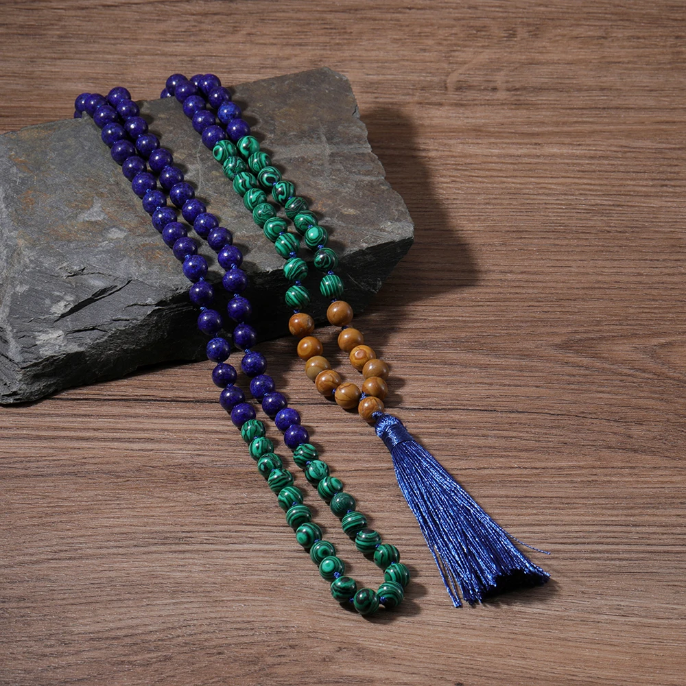 OAIITE Natürliche Lapis Lazuli Perlen Halskette 108 Yoga Mala Stein Malachit Buddhismus Rosenkranz Böhmischen Quaste Halskette für Frauen Männer