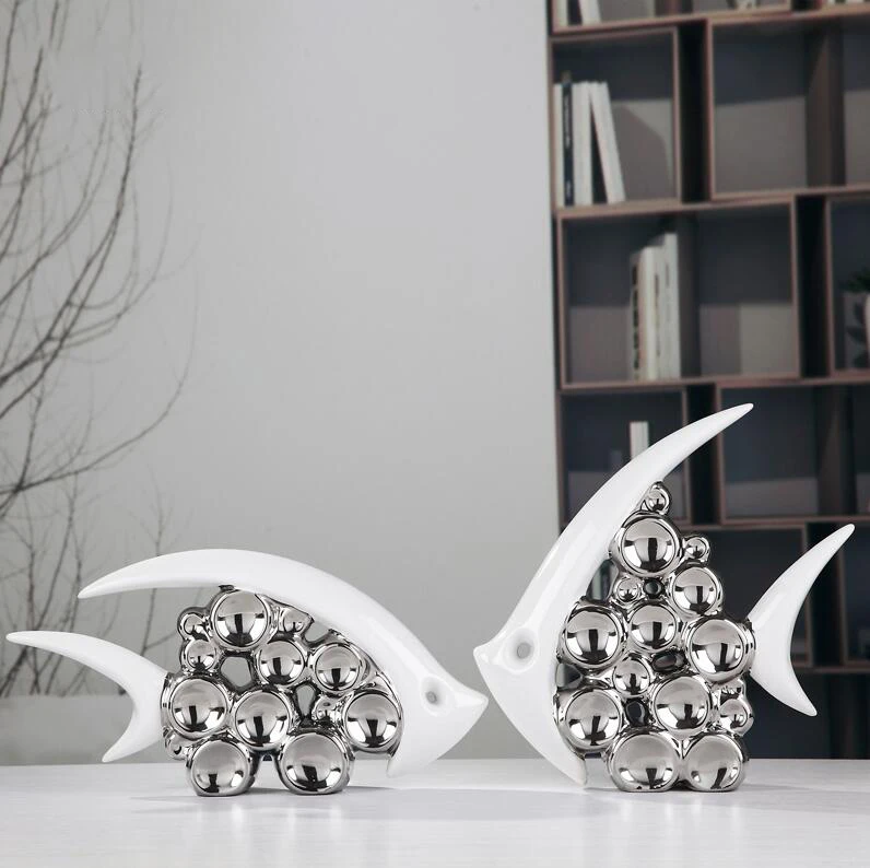 

Silver Plated Bouble Couple Kiss Fish Vase Modern Europe Ceramic Furnishing Articles Office Home Livingroom Ornament Decoration