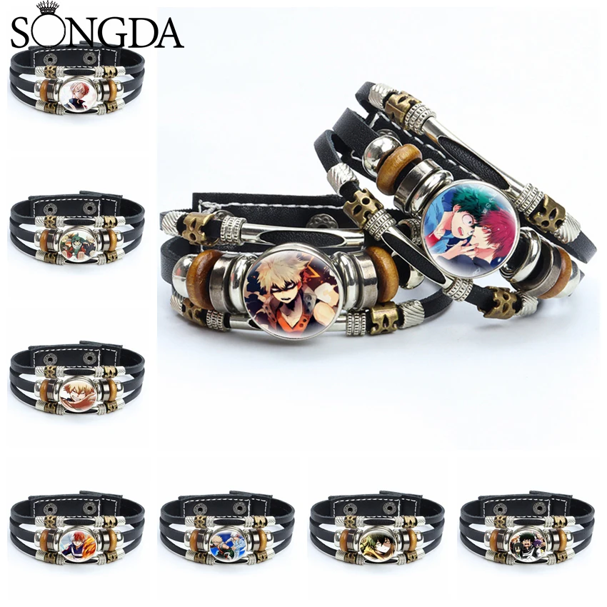 

My Hero Academia Leather Bracelet Anime Figures Todoroki Glass Snap Button Bracelets Cartoon Cosplay Steampunk Mens Jewelry Gift