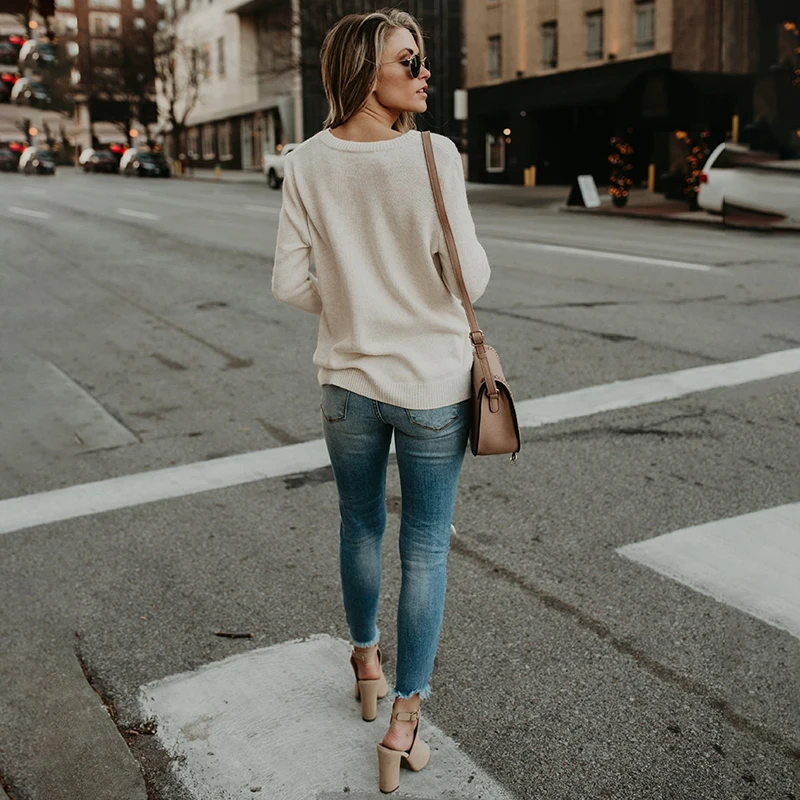 Women Casual Fashion Front Cross Knit Sweater Top Autumn Cozy Sexy Crossover V Neck Jumper Elegant Loose Knitwear | Женская одежда