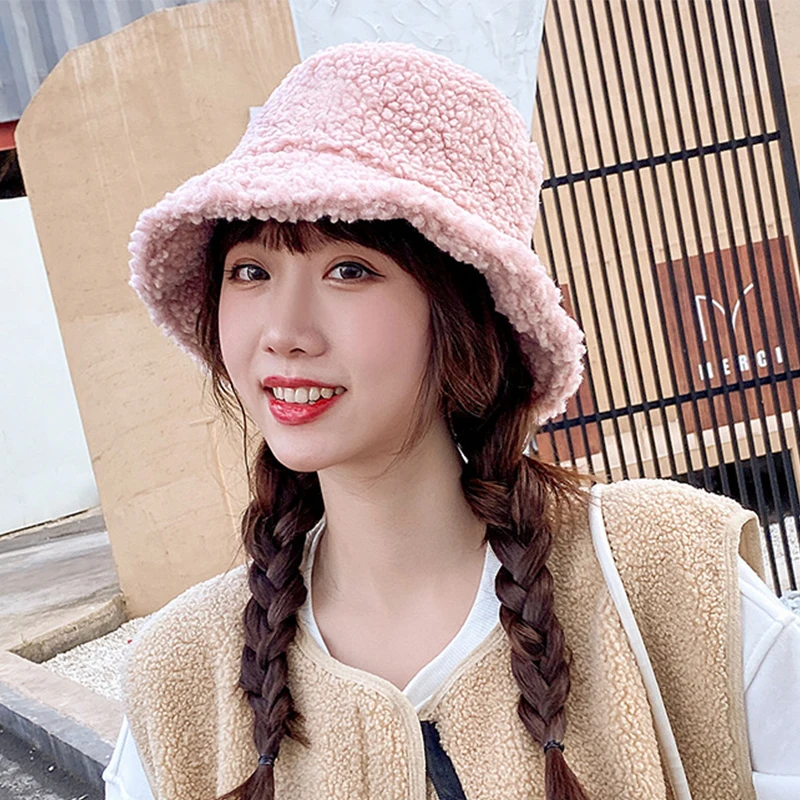 

Winter Women Double Side Bucket Hat Soft Warm Casual Fisherman Cap Sunscreen Panama Hat Double Sided Outdoor Fashion Sweet Cap