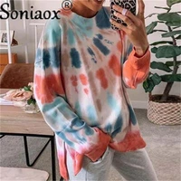 2021 autumn and winter new womens fashion tie dye printing hem slit round neck pullover ladies casual loose long sleeve hooded