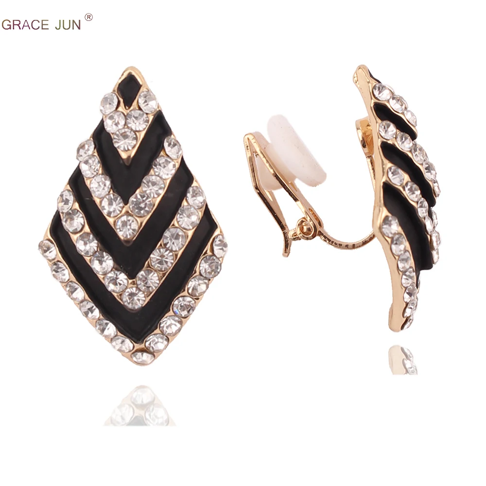 

GRACE JUN New Gold Color Black Color Shape Clip on Earrings for Women Elegant Rhinestone Clip Earrings No Ear Hole Earrings