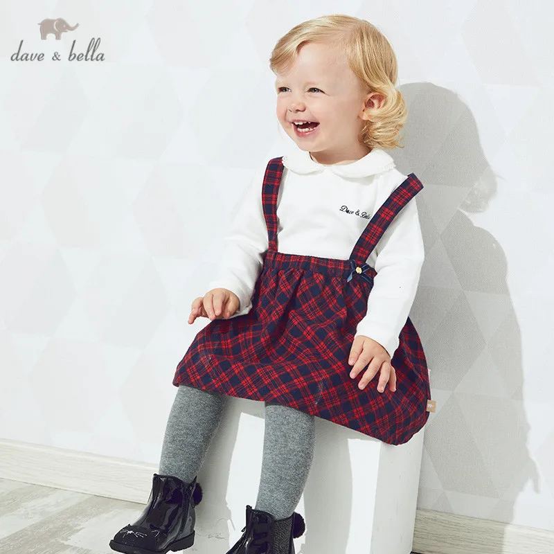 

DB14589-2 dave bella autumn baby girl's princess bow plaid strap dress lolita party suspenders dress toddler children clothes