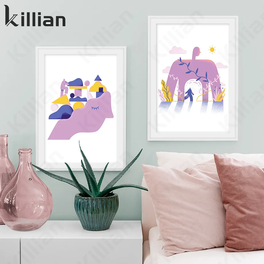 

Blue Purple Abstract Girl Rock Climbing Sport Character Cartoon Geometric Canvas Painting Wall Art Print Poster Bedroom Home Dec