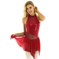 women sleeveless halter shiny sequins irregular mesh splice figure skating dress gymnastics leotard adult ballet dance costume