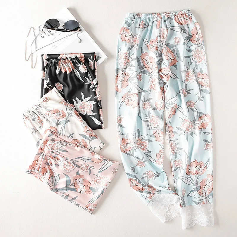 

New Trousers Spring & Summer Women Casual Faux Silk Printed Floral Pajamas Pants Ladies Viscose Lace Comfortable Sleeping Bottom