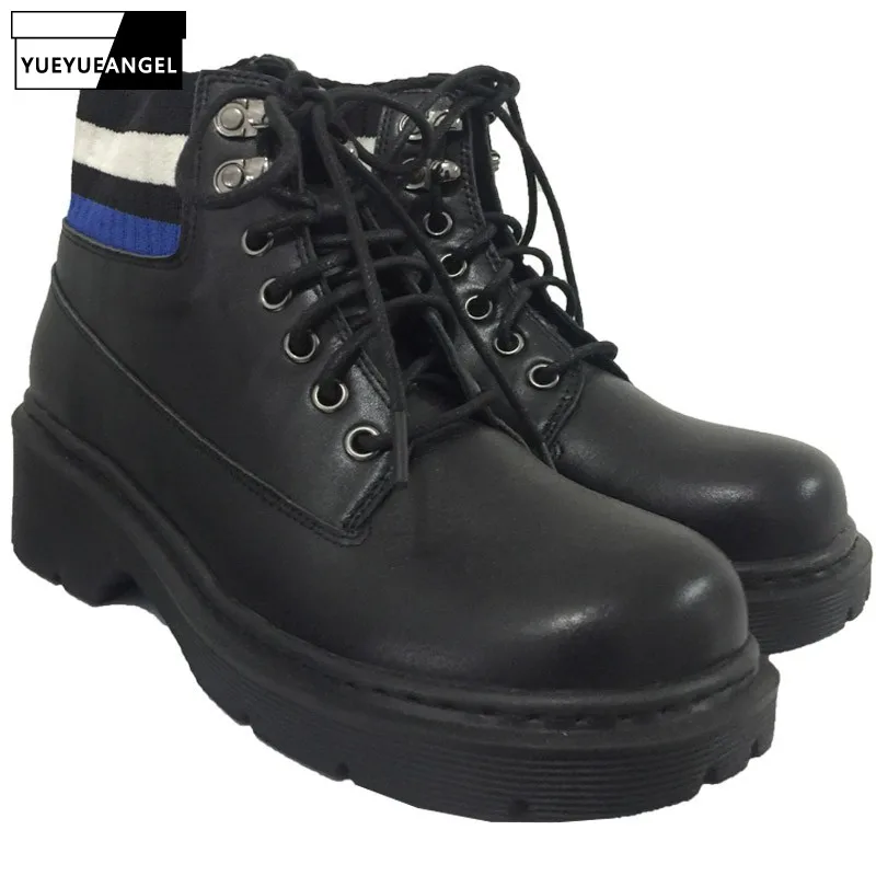 Online Musim Dingin Wanita Patchwork Kaus Kaki Boots Fashion Kasual Blok Tumit Kulit Asli Sepatu Bot Renda Putaran Kaki Bikers Kulit Sepatu