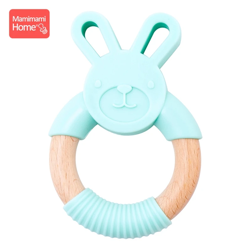 mint Rabbit Ring Mamihome Baby Wooden Teether Animal Ring Silicone Rodent Beech Wooden Blank Rabbit Ears baby products Toys Pacifier Pendant Gift - Цвет: mint Rabbit Ring