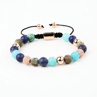 new design high quality matte natural stone lapis blue jade cz pave ball adjustable macrame bracelet women