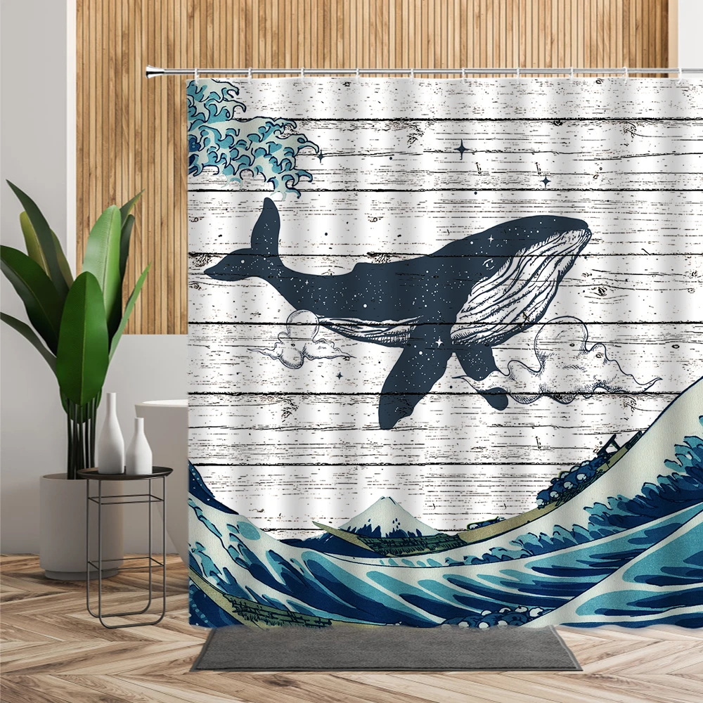 

Whale Waves Shower Curtain Set Astronaut Wooden Stripe Backdrop Bathroom Bath Decor 3D Creative Room Curtains Wall Hanging Cloth