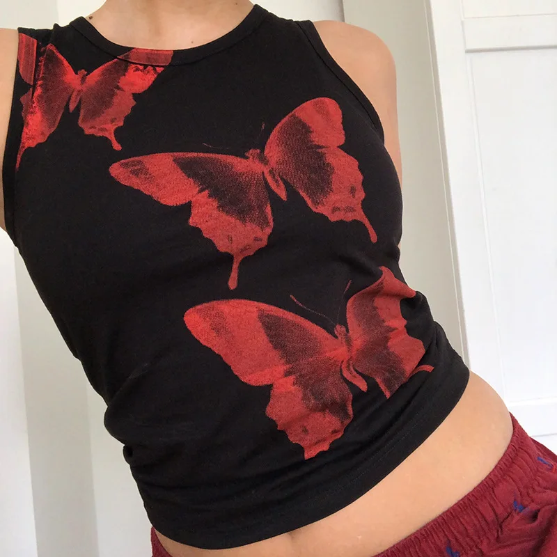 

GothGotik Gothic Y2K Butterfly Print Tank For Women Basic Tops Sleeveless Bodycon Sexy Streetwear Casual Summer Fashion Party