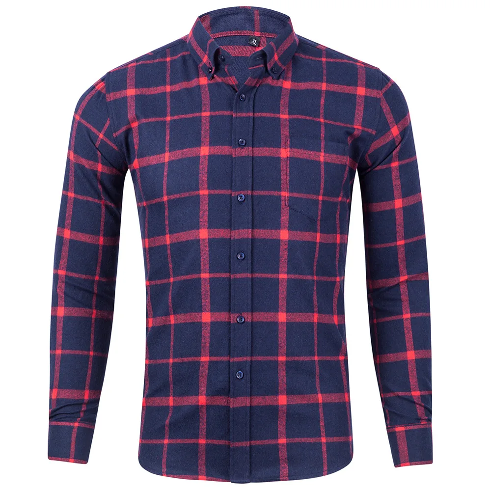 

Men's Plaid Shirts Cotton Button-down Thin Shirt Single Patch Pocket Casual Standard-fit Long Sleeve Gingham Camisa Masculina