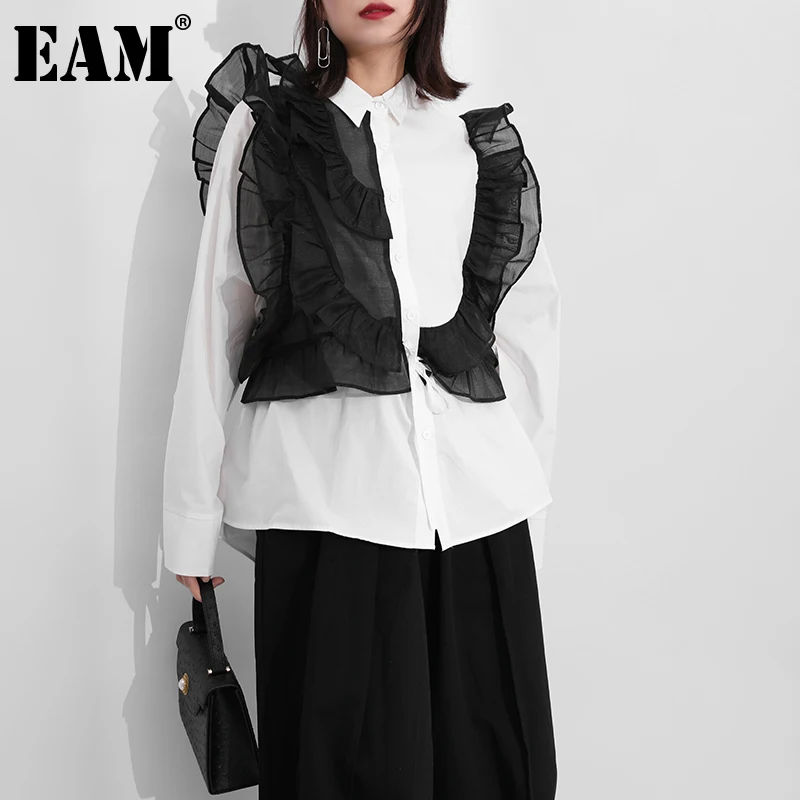 

[EAM] Women Black Ruffles Big Size Casual Blouse New Lapel Long Sleeve Loose Fit Shirt Fashion Spring Autumn 2022 1DE207301