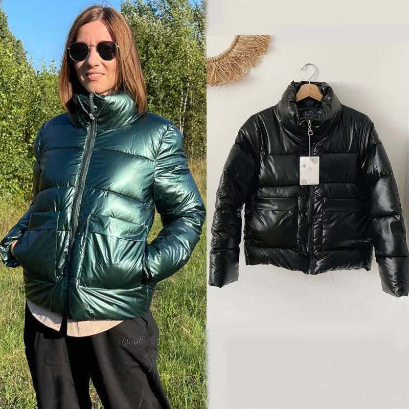 2022 Autumn Winter Women Parkas Jackets Casual Stand Collar Shiny fabric Thick Warm padded Coats Female Winter Outwear