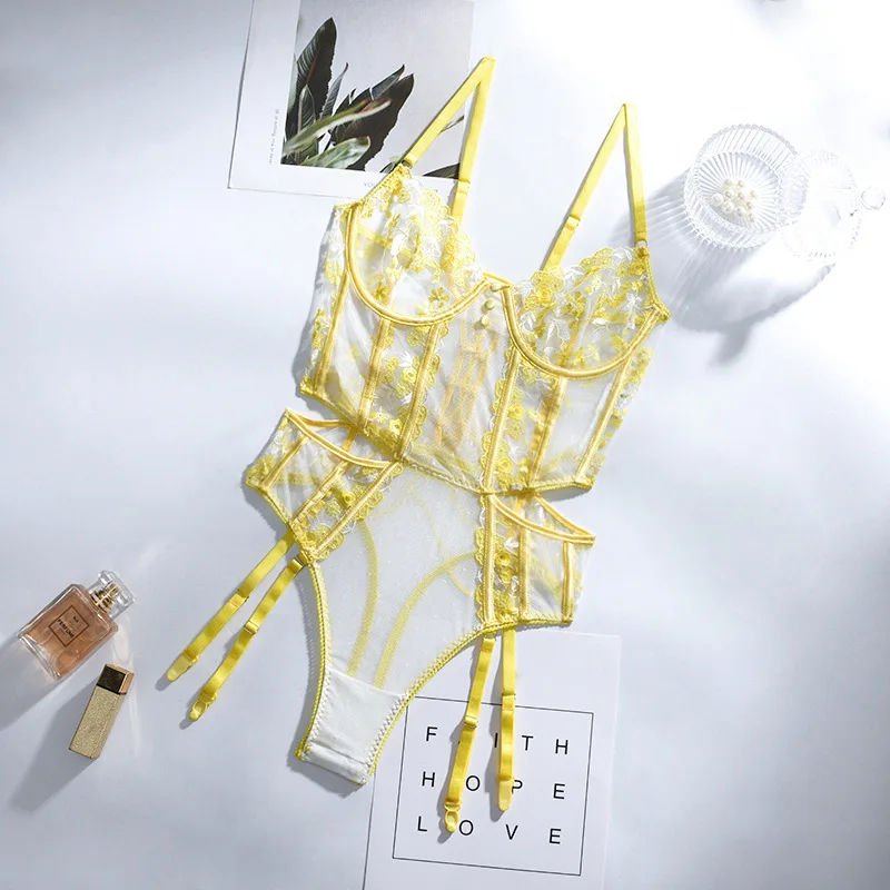 

Floral Embroidery Bodysuit Lace Sexy Hollow Out Bandage Bodies Sleeveless Bodycon Underwire Transparent Yellow Tops