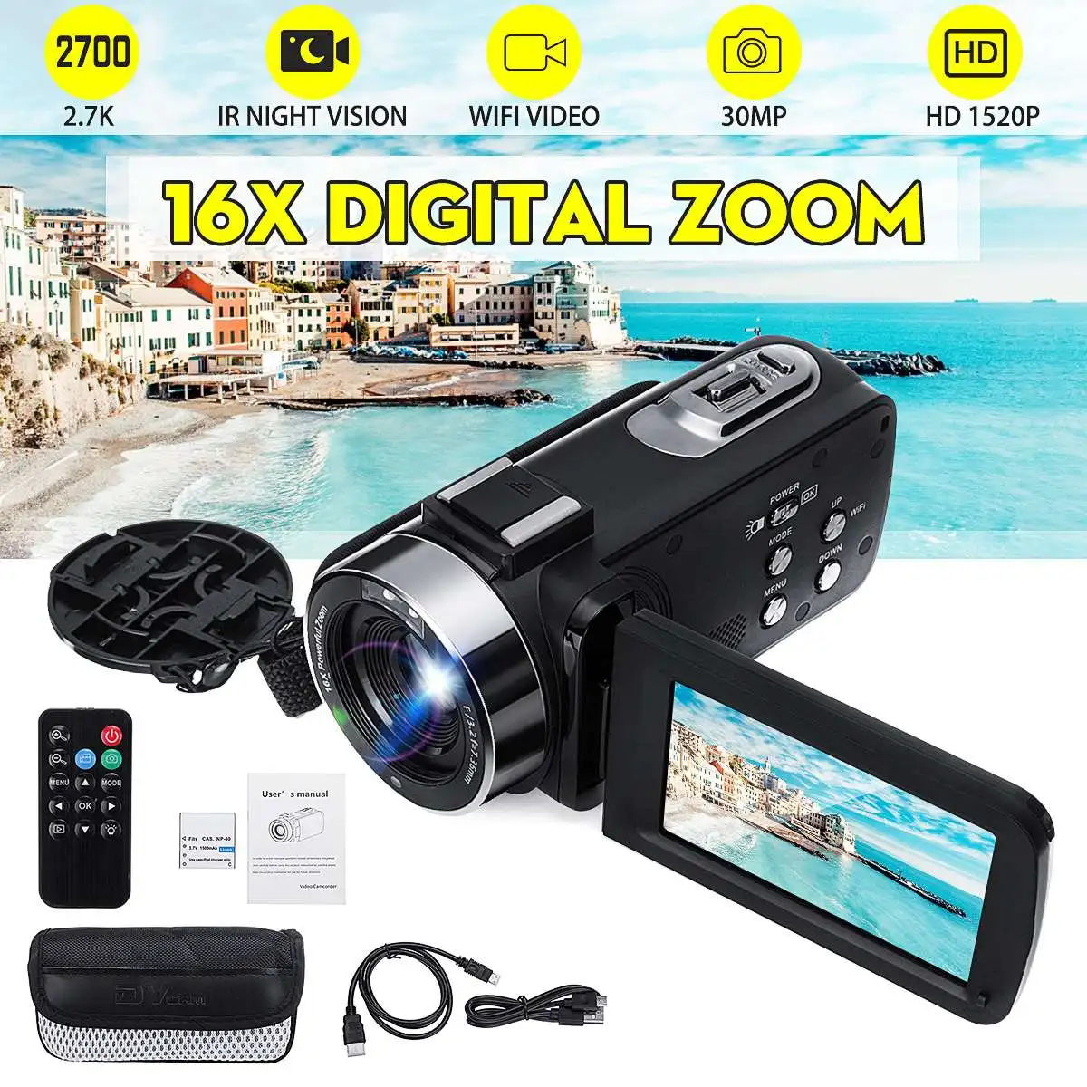

1080P Full HD Video Camcorder 2.7K WiFi 30MP 16X Digital Zoom LCD Touch Screen IR Night Vision Vlogging Recorder Digital Camera