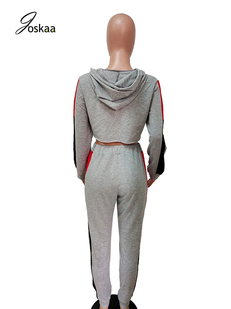 

Joskaa Casual Jogger Tracksuits Patchwork Long Sleeve Hooded Drawstring Crop Top Elastic Active Sweatpants Lounge Street 2 Piece