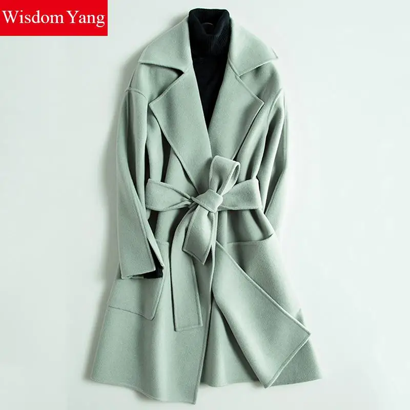 

Wisdom Yang Women's Sheep Wool Coats Green Camel Red Blet Slim Warm Winter Elegant Trench Long Coats 2017 Casacos Feminino