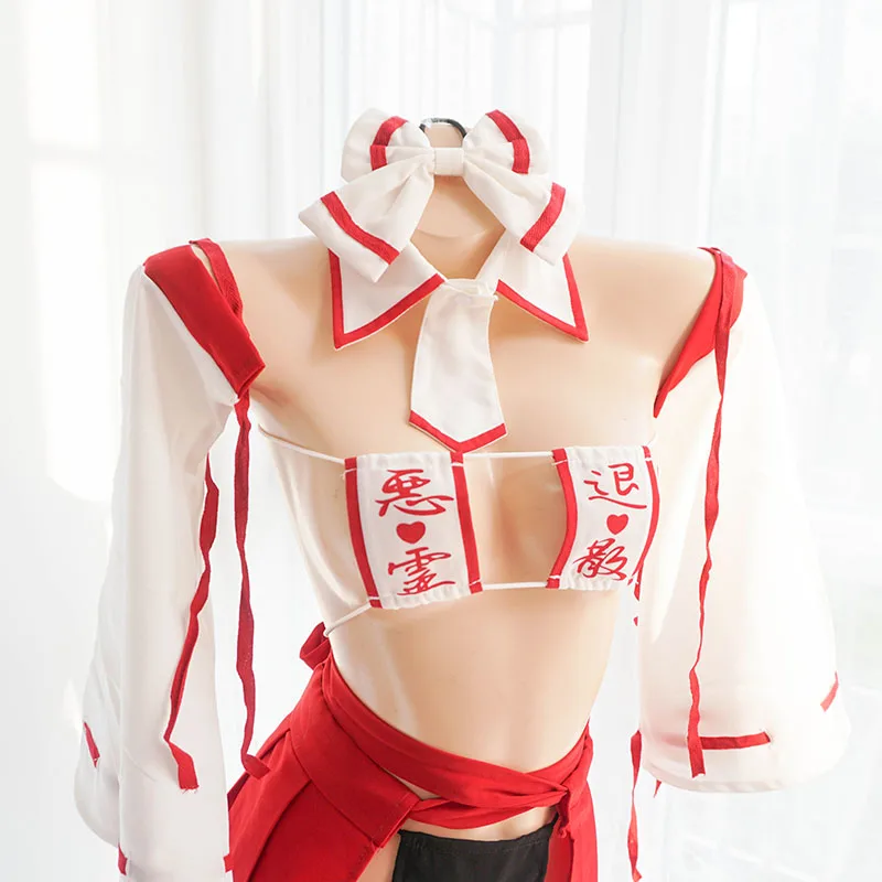 

Sexy Lingerie Set Erotic Retro Kimono Witch Uniform Square Cup Strapless Micro Bra Pleated Skirt Japanese Anime Exorcist Cosplay